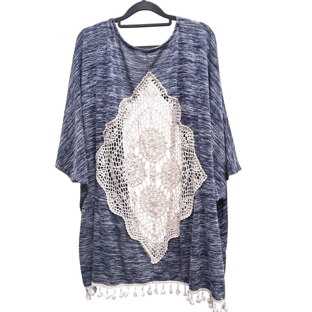BD Collection Kimono Crochet Back Tassel Blue Large Boho Beach Cover Up - Picture 4 of 7